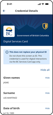 Credential Details screen in the BC Services Card app showing Digital Services Card information