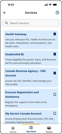 Searchable list of services