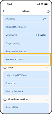 App menu with the Remove account option highlighted
