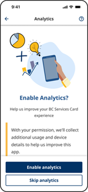 BC Services Card app screen asking to help improve your experience with options to enable analytics or skip