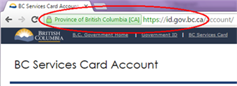 Desktop browser showing a green padlock, Province of British Columbia, and https://id.gov.bc.ca