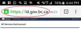 Mobile browser showing a green padlock and https://id.gov.bc.ca