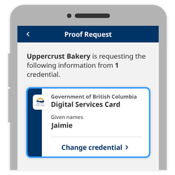 Proof Request screen with Change credential option on Digital Services Card